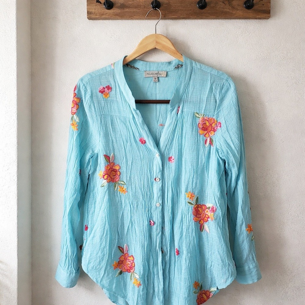 Figueroa &‎ Flower M Turquoise Floral Embroidered Crinkle Blouse Flirty Romantic